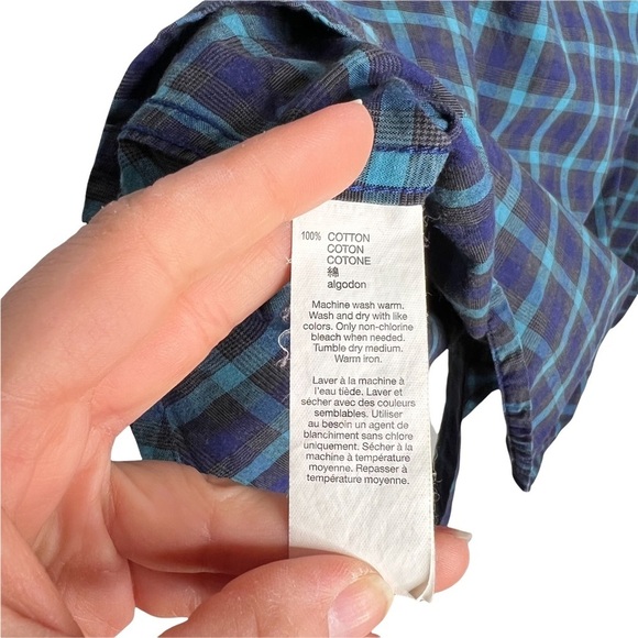 GAP Factory Navy Blue & Teal Plaid Slim Fit Button Down Shirt - Picture 7 of 10